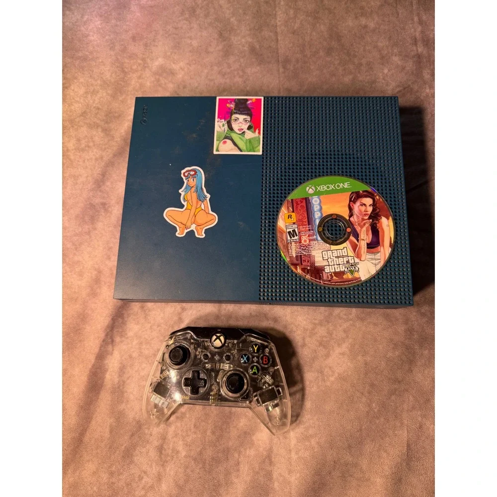 Microsoft Xbox One S Console Model 1681 Teal Bundle Clear Controller GTA V Game